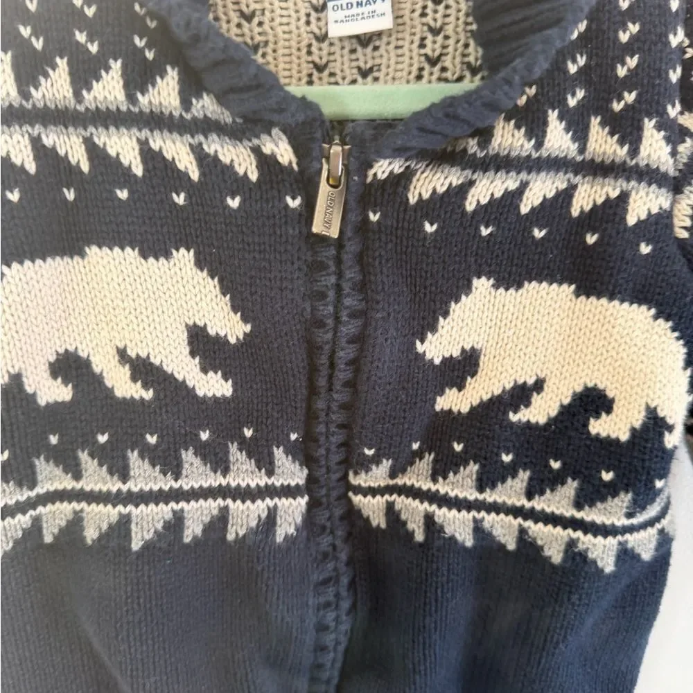 Old Navy Black & Cream Bear Zip Knit Sweater Jacket